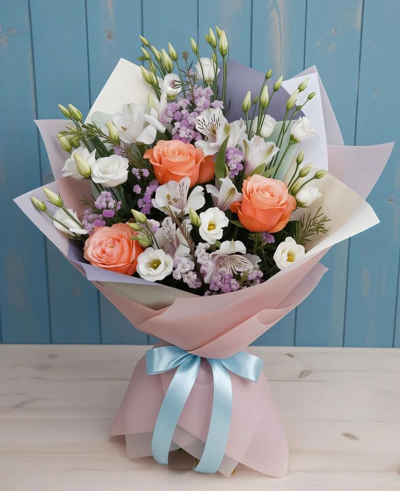 Букет цветов из: Лизиантусы, Розы, Альстромерии и Гипсофила в Бежаницы